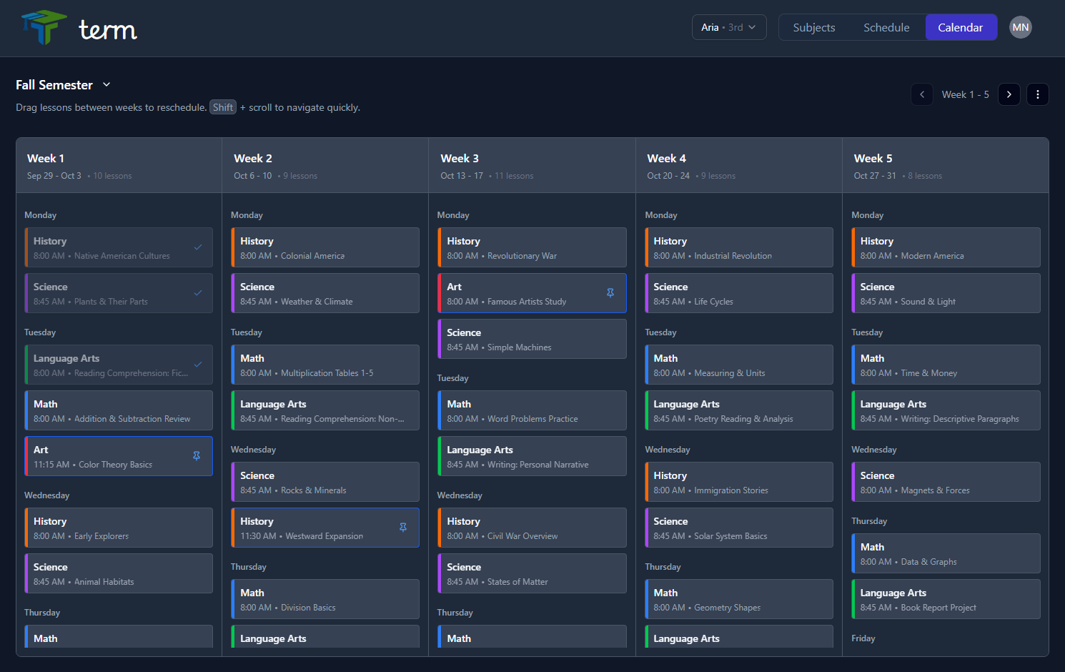 Term Planner calendar view showing automatically scheduled homeschool lessons across multiple weeks with color-coded subjects